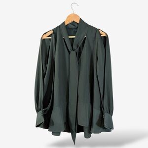French Connection Green Tie Neck Blouse Size M Long Sleeve Cold Shoulder Crepe